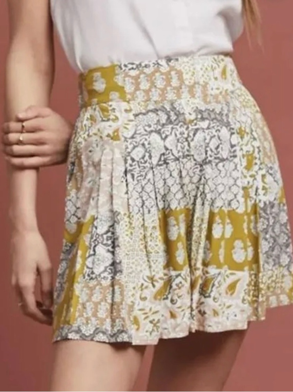 Anthropologie Mustard and White Floral Patchwork Skater Skirt